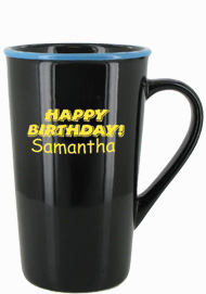 16 oz horizon funnel latte mug - black with sky blue rim