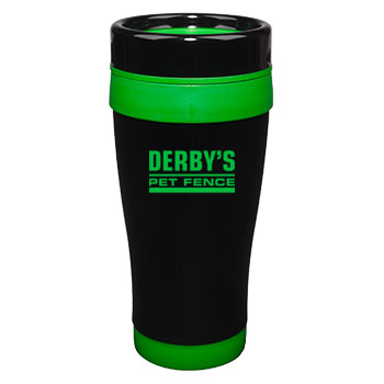 14 oz Formula Seven Black SS Travel Mug/Green Accents