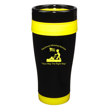 14 oz Formula Seven Black SS Travel Mug/Yellow Accents